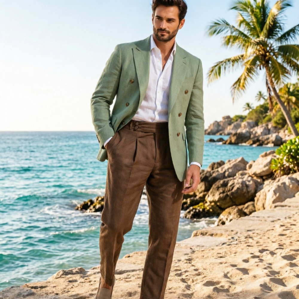 Men'S Holiday Formal Wear - 2 Piece Beige Linen Men Double