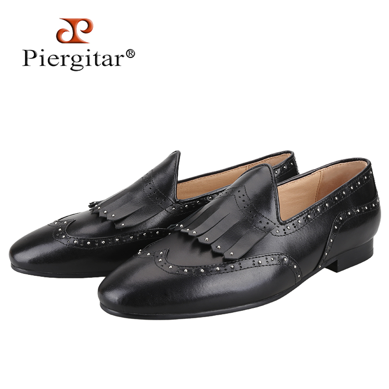 Men'S Formal Wear Slippers - Piergitar Black Calfskin Belgian Loafers With