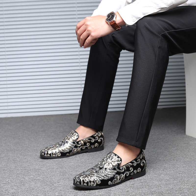Men'S Formal Wear Slippers - Men Velvet Loafers With Gold Embroidery