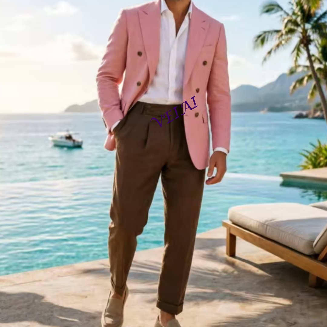 Men'S Holiday Formal Wear - Customized 2 Piece Beige Linen Men's